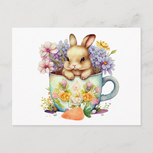 Cute Waterverf Bunny in Flower Tea Cup Briefkaart (Voorkant)