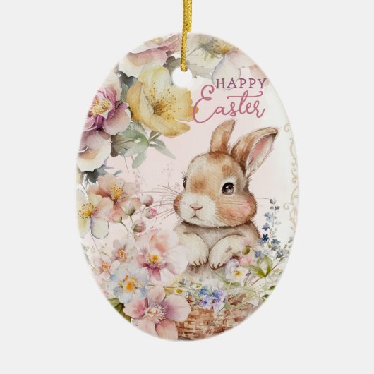 Cute Waterverf Bunny | Lentbloemen | Fotokanker Keramisch Ornament (Voorkant)