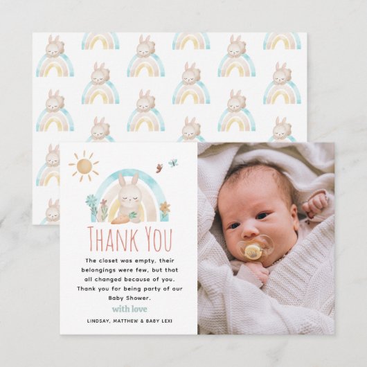 Cute Waterverf Bunny Photo Baby shower Bedankkaart (Voorkant / Achterkant)