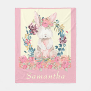 Cute Waterverf Bunny Pink Creme Floral Fleece Deken