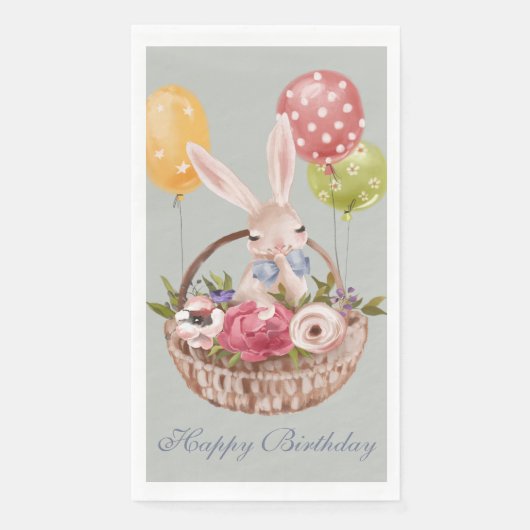 Cute Waterverf Bunny Rabbit Flowers | Geboortedag Servet (Voorkant)