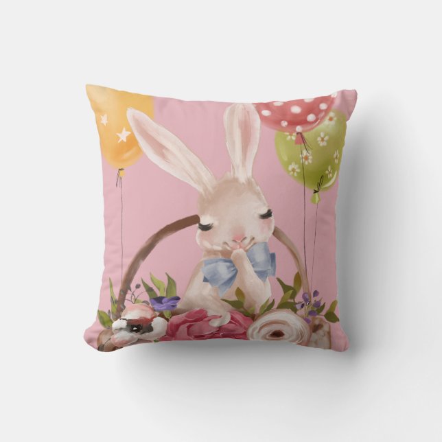 Cute Waterverf Bunny Rabbit Flowers | Pasen Kussen (Voorkant)