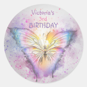 Cute Waterverf Butterfly Birthday Girl Favor Ronde Sticker