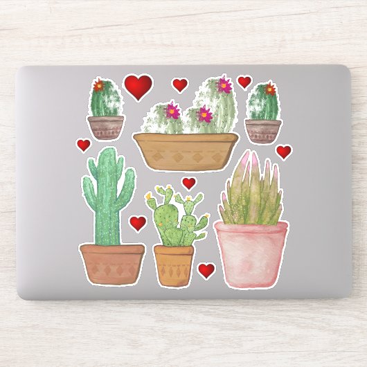 Cute Waterverf Cactus in Clay Pots Vinyl Sticker (Computer)