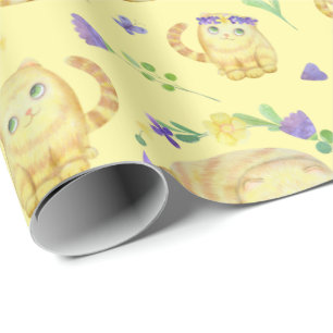 Cute Waterverf Cats and Flowers Pattern Yellow Cadeaupapier