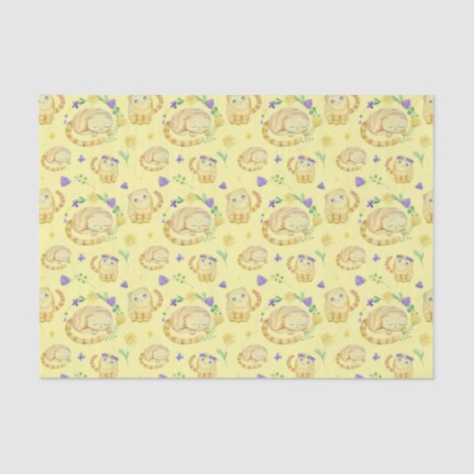 Cute Waterverf Cats and Flowers Pattern Yellow Tissuepapier (Voorkant)