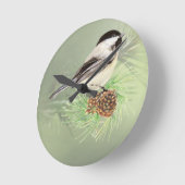 Cute Waterverf Chickadee Bird in Pine Tree Ronde Klok (Hoek)