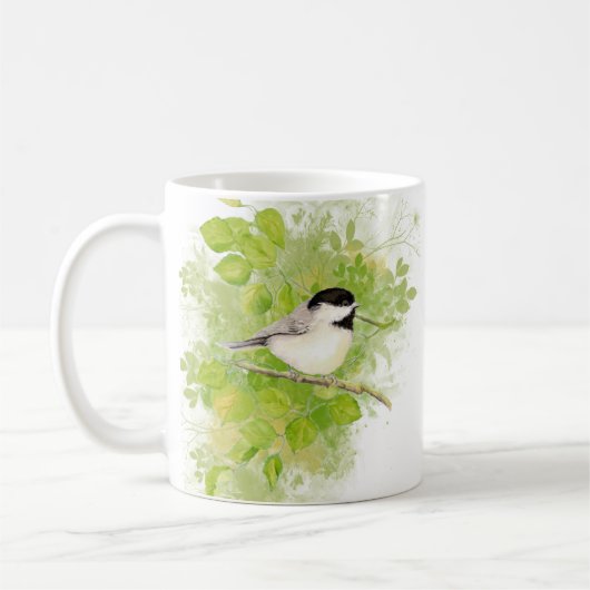 Cute Waterverf Chickadee Bird in Poplar Tree Koffiemok (Links)