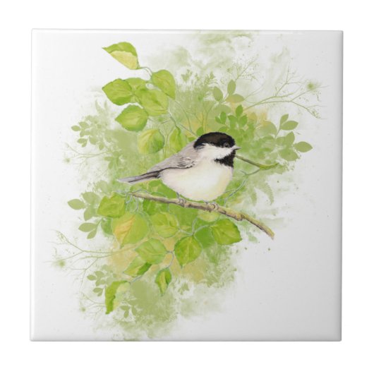 Cute Waterverf Chickadee Bird in Poplar Tree Tegeltje (Voorkant)