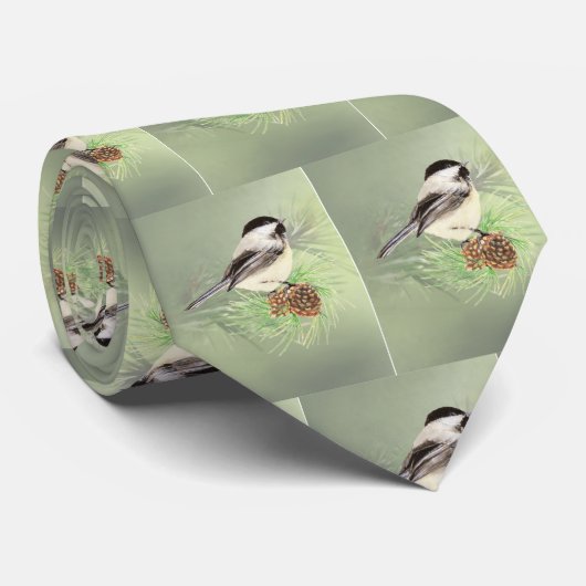 Cute Waterverf Chickadee Bird on Pine Tree Natuur Stropdas (Opgerold)