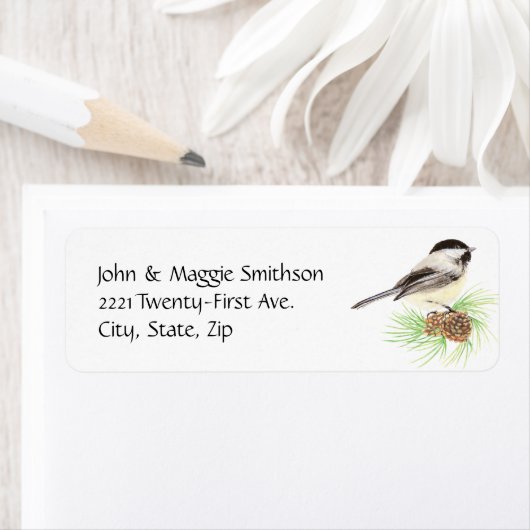 Cute Waterverf Chickadee Bird Pine Tree Etiket (Insitu)