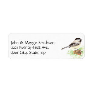 Cute Waterverf Chickadee Bird Pine Tree Etiket