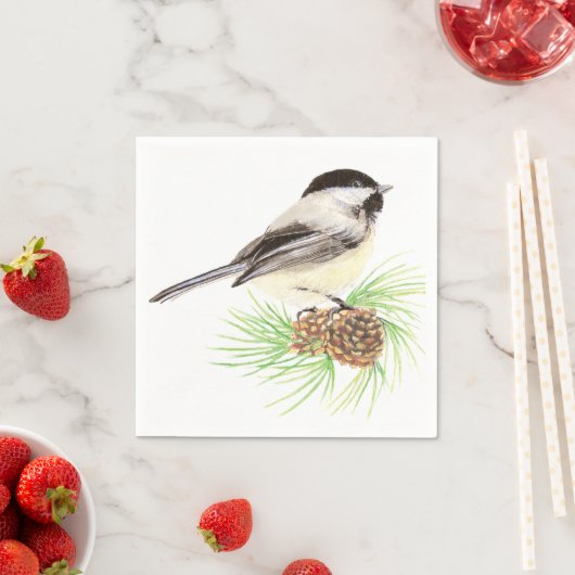 Cute Waterverf Chickadee Bird Pine Tree Servet (Insitu)