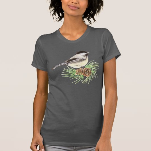 Cute Waterverf Chickadee Bird Pine Tree T-shirt (Voorkant)