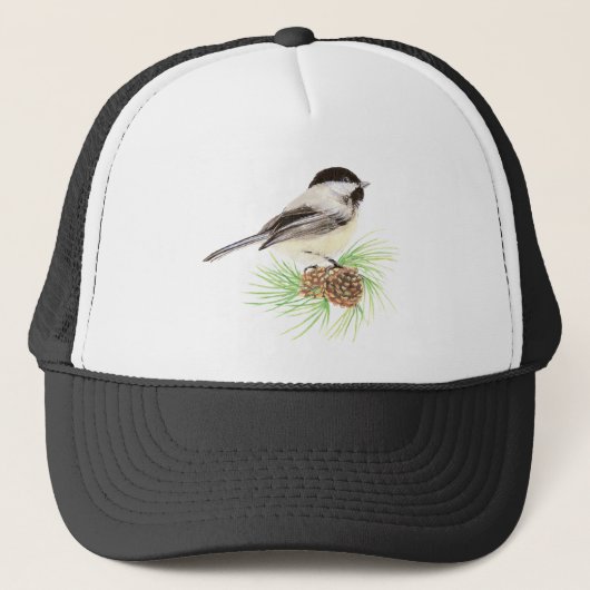 Cute Waterverf Chickadee Bird Pine Tree Trucker Pet (Voorkant)