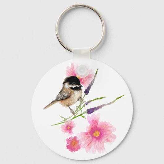 Cute Waterverf Chickadee Flower Art Sleutelhanger (Voorkant)