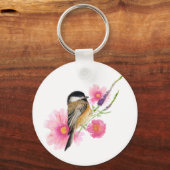 Cute Waterverf Chickadee Flowers Art Sleutelhanger (Voorkant)