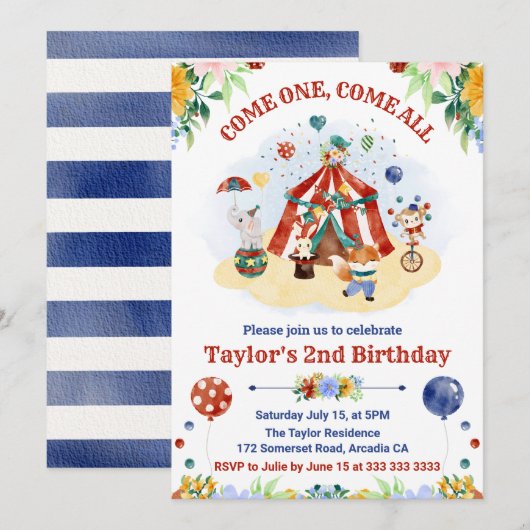 Cute Waterverf Circus Carnival Kinderen, Birthday Kaart (Voorkant / Achterkant)