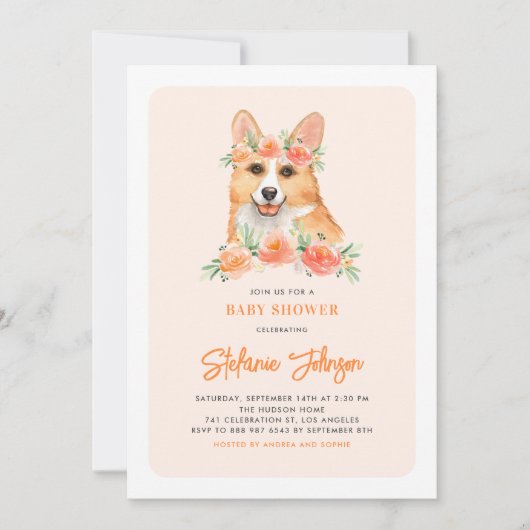 Cute Waterverf Corgi Peach Floral Baby shower Kaart (Voorkant)