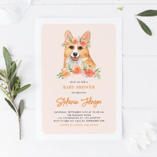 Cute Waterverf Corgi Peach Floral Baby shower Kaart