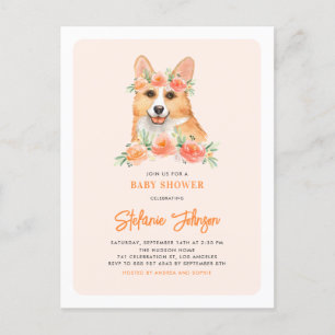Cute Waterverf Corgi Peach Floral Baby shower Uitnodiging Briefkaart