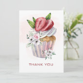 Cute waterverf cupcake, aardbei, bloemetjes, bedan kaart (Staand voorkant)