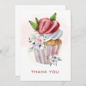 Cute waterverf cupcake, aardbei, bloemetjes, bedan kaart (Voorkant / Achterkant)