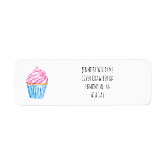 CUTE Waterverf Cupcake Roze glazuur eenvoudig blau Etiket (Voorkant)