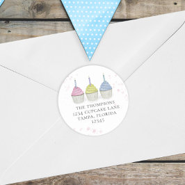 Cute Waterverf Cupcakes Whimsical Return Address Ronde Sticker