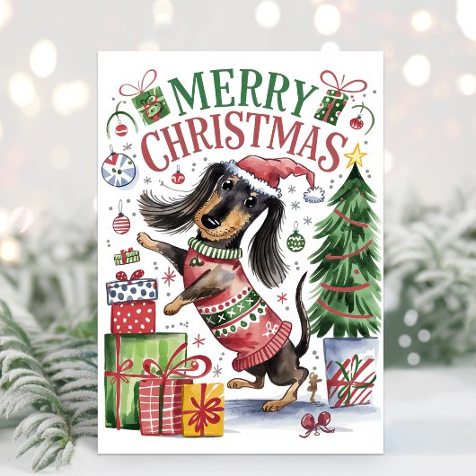 Cute Waterverf Dachshund-kerstkaart Feestdagenkaart
