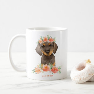 Cute Waterverf Dachshund Peach Floral Koffiemok