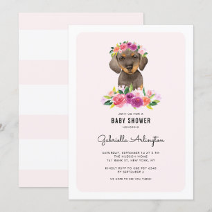 Cute Waterverf Dachshund Pink Floral Baby shower Kaart
