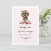Cute Waterverf Dachshund Pink Floral Birthday Kaart (Staand voorkant)