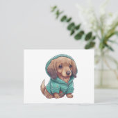 Cute Waterverf Dachshund Puppy in Sweater Briefkaart (Staand voorkant)