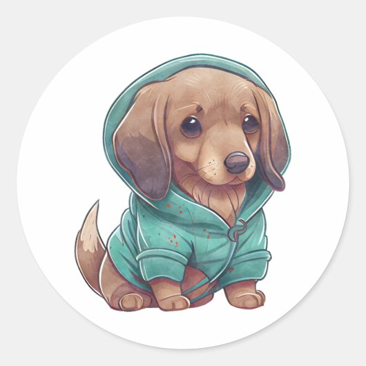 Cute Waterverf Dachshund Puppy in Sweater Ronde Sticker (Voorkant)