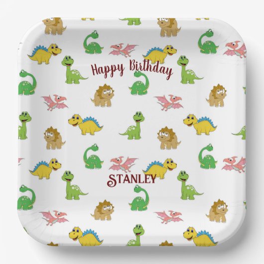 Cute Waterverf Dinosaur Animal Pattern Birthday Papieren Bordje (Voorkant)