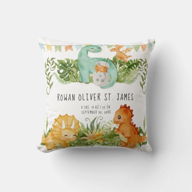 Cute Waterverf Dinosaur Baby Nursery Birth Stats Kussen (Voorkant)