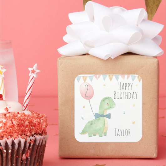 Cute Waterverf Dinosaur Birthday Boy Personalized Vierkante Sticker (Feest)