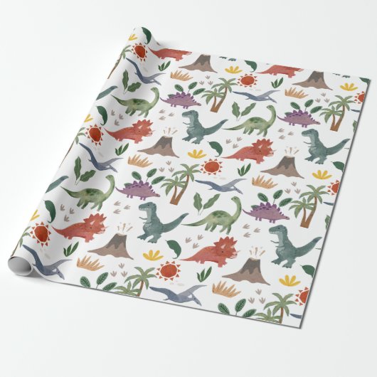 Cute Waterverf Dinosaur Pattern Wrapping Paper Cadeaupapier (Uitgerold)