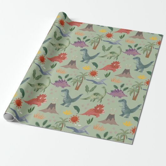 Cute Waterverf Dinosaur Pattern Wrapping Paper Cadeaupapier (Uitgerold)