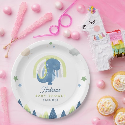 Cute Waterverf Dinosaur T Rex Baby shower Party Papieren Bordje (Feest)
