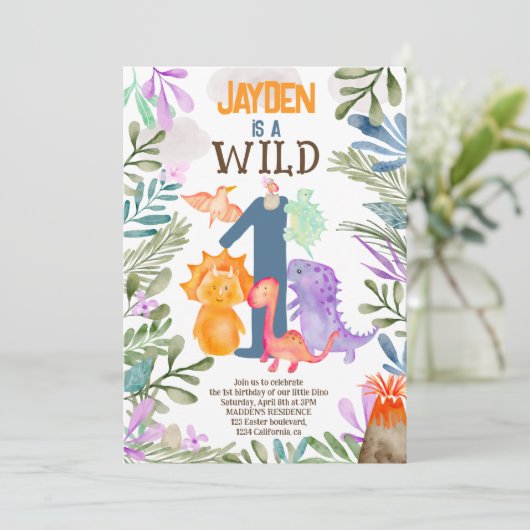 Cute waterverf dinosaurs greenery wild één 1st kaart (Staand voorkant)