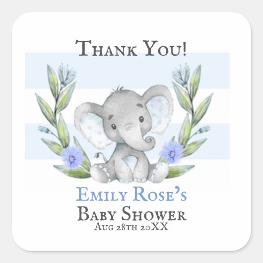 Cute Waterverf Elephant Boy Baby shower Bedankt Vierkante Sticker (Voorkant)