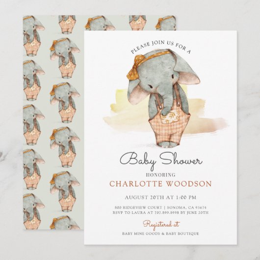 Cute Waterverf Elephant Girl Baby shower Kaart (Voorkant / Achterkant)