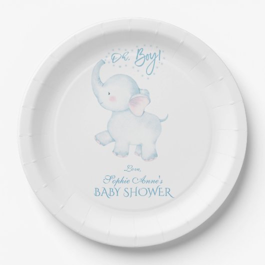 Cute Waterverf Elephant Oh Boy Baby shower Papieren Bordje (Voorkant)