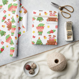 Cute Waterverf Elf Santa Holly Berries Kerstmis Cadeaupapier