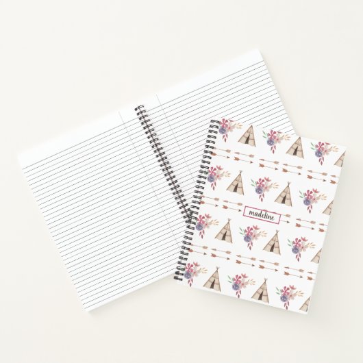 Cute Waterverf Floral Boho Teepee Personalized Notitieboek (Binnen)