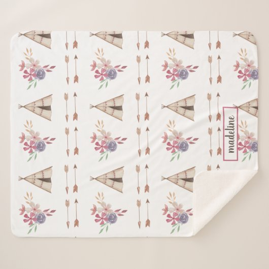 Cute Waterverf Floral Boho Teepee Personalized Sherpa Deken (Voorkant (horizontaal))