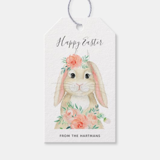 Cute Waterverf Floral Bunny Easter Name Cadeaulabel (Voorkant)