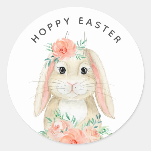 Cute Waterverf Floral Bunny Hoppy Pasen Ronde Sticker (Voorkant)